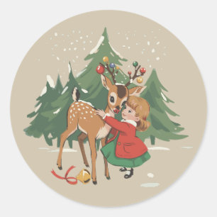 Retro Christmas Girl and Reindeer Vintage Tree  Classic Round Sticker