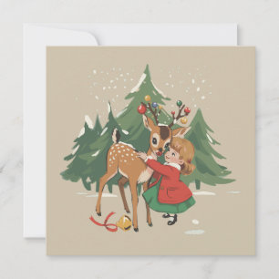 Retro Christmas Girl and Reindeer Vintage Tree  Holiday Card