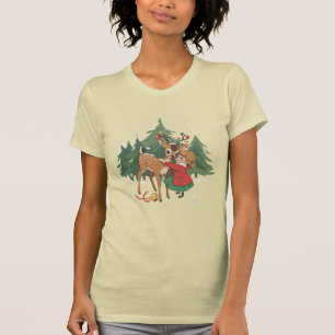 Retro Christmas Girl and Reindeer Vintage Tree T-Shirt