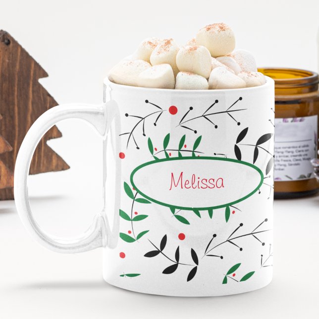 Retro Christmas Greenery Cute Personalized Holiday Coffee Mug (Creator Uploaded)