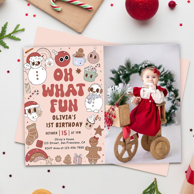 Retro Christmas Hippie Santa 1st Birthday Photo Invitation (Creator Uploaded)