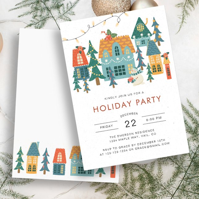 Retro Christmas Holiday Party Invitation (Retro Holiday Houses Party Invitation by Painted Paperie)