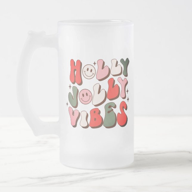Retro Christmas Holly Jolly Vibes Trendy Holidays Frosted Glass Beer Mug (Left)