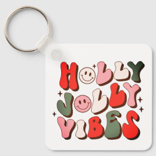 Retro Christmas Holly Jolly Vibes Trendy Holidays Key Ring