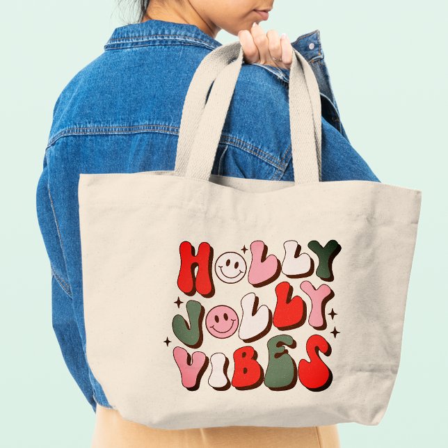Retro Christmas Holly Jolly Vibes Trendy Holidays Large Tote Bag (Creator Uploaded)