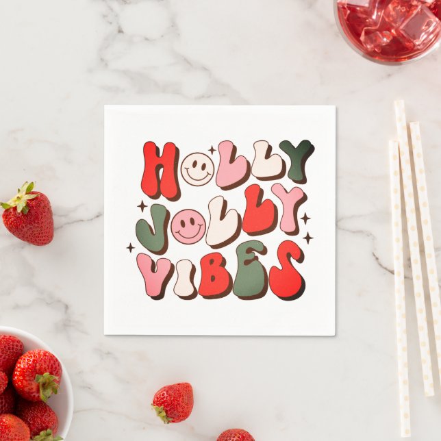 Retro Christmas Holly Jolly Vibes Trendy Holidays Napkin (Insitu)
