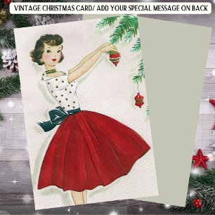 Retro Christmas Lady in Red Holiday Card