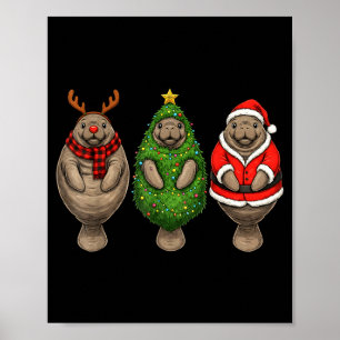 Retro Christmas Manatee Santa Reindeer  Poster