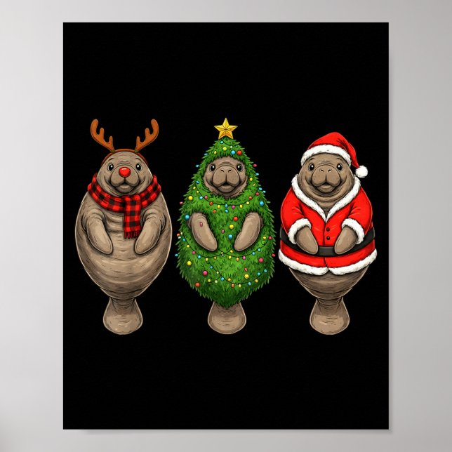Retro Christmas Manatee Santa Reindeer  Poster (Front)