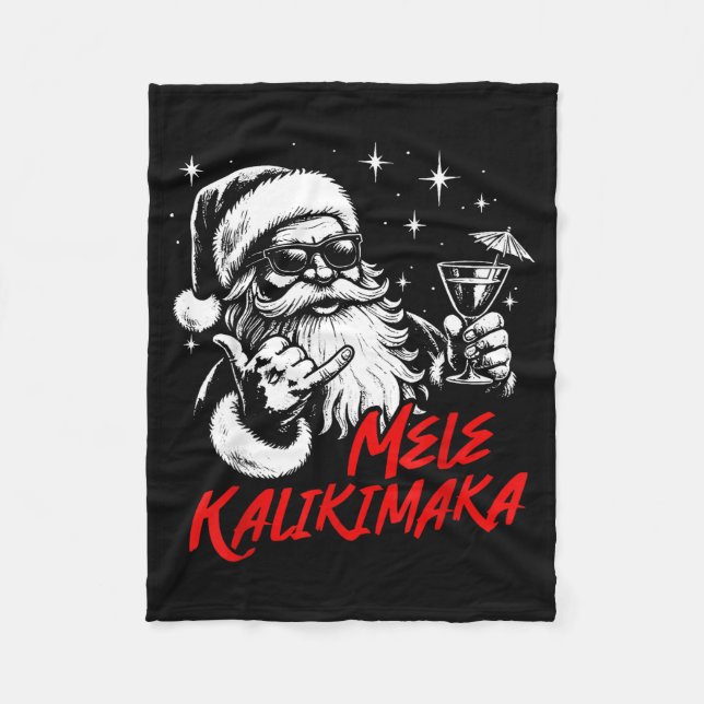 Retro Christmas Mele Kalikimaka Santa Shaka Hawaii Fleece Blanket (Front)