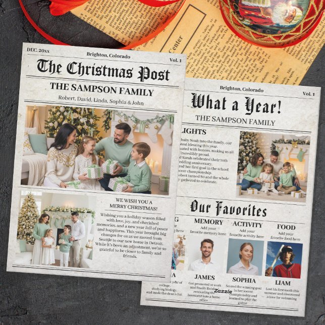 Retro Christmas Newspaper Family Photo Newsletter Holiday Card (Creator Uploaded)