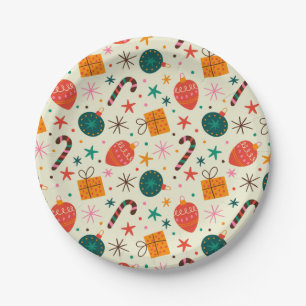 Retro Christmas Ornament and Gift Pattern Paper Plate