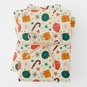 Retro Christmas Ornament and Gift Pattern Wrapping Paper Sheet