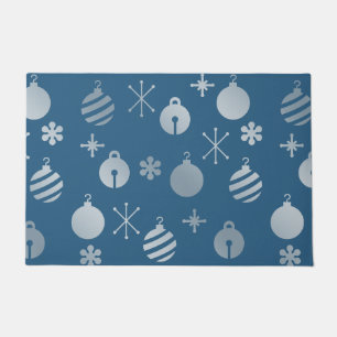 Retro Christmas Ornaments Blue Silver Doormat