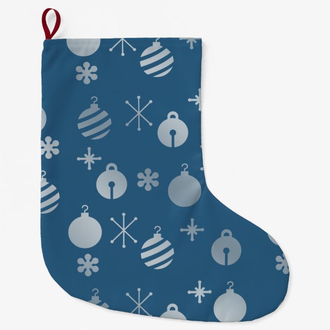 Retro Christmas Ornaments Blue Silver Large Christmas Stocking (Front)