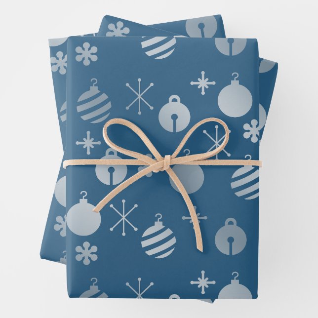 Retro Christmas Ornaments Blue Silver Wrapping Paper Sheet (In situ)