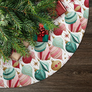 Retro Christmas Ornaments Pink and Teal Brushed Polyester Tree Skirt