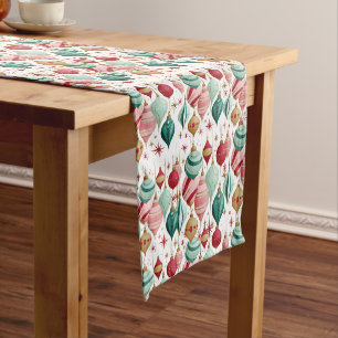Retro Christmas Ornaments Pink and Teal Short Table Runner