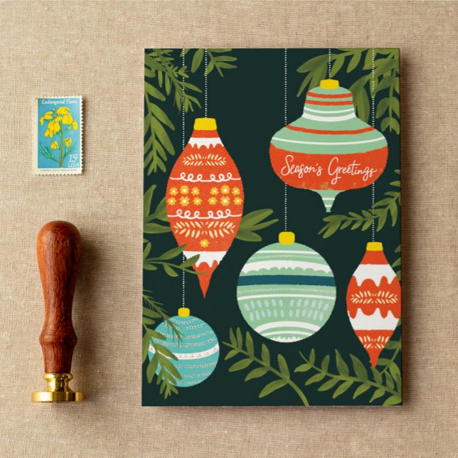 Retro Christmas Ornaments Seasons Greetings Card (Creator Uploaded)