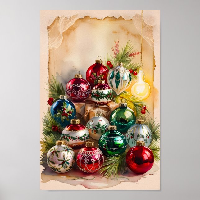 Retro Christmas Ornaments Wall Art Print (Front)
