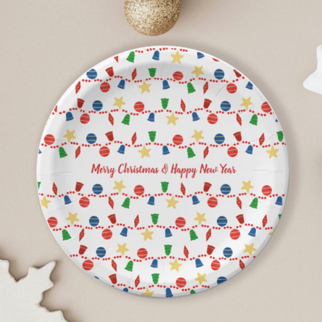 Retro Christmas ornaments with red garland Paper Plate (Cute retro Christmas plate with vintage Christmas ornaments and red beaded garland)