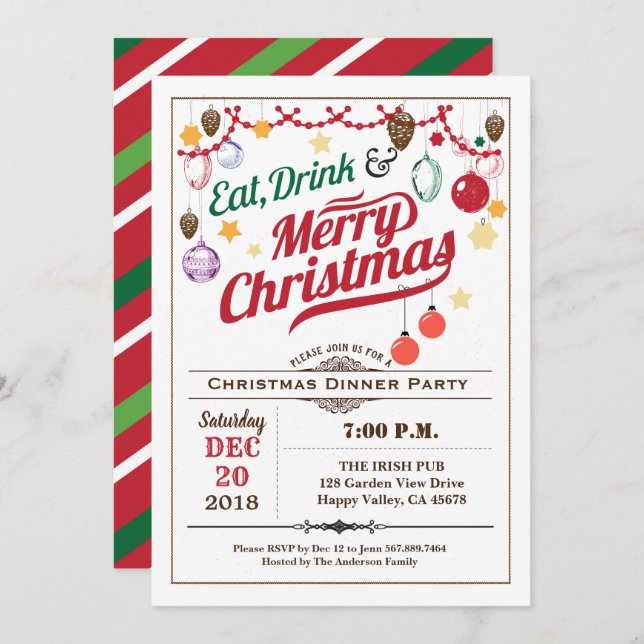 Retro Christmas party eat drink and be merry Invitation (Front/Back)