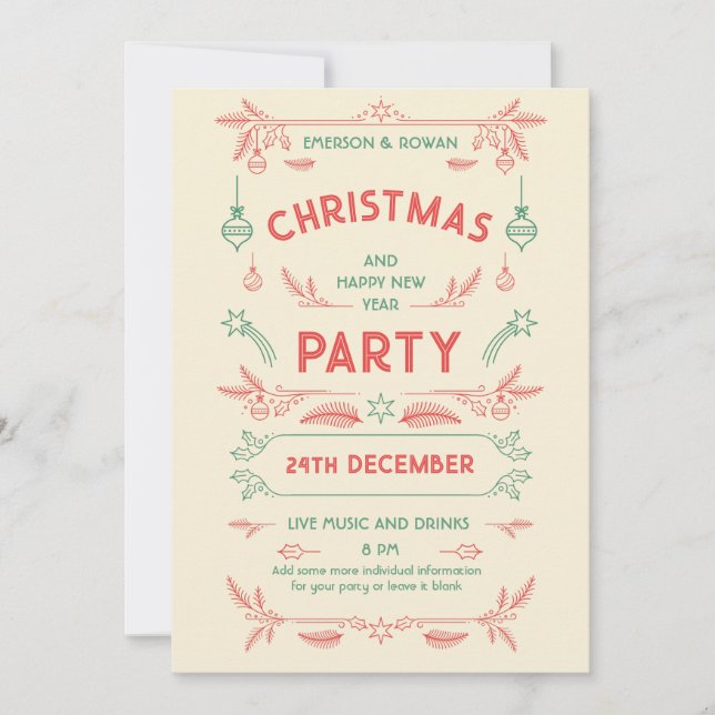 Retro Christmas Party Red & Green with Ornaments Invitation (Front)