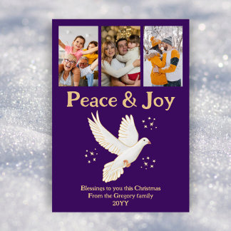 Retro Christmas Peace Joy Dove Purple Gold Photo  Holiday Card