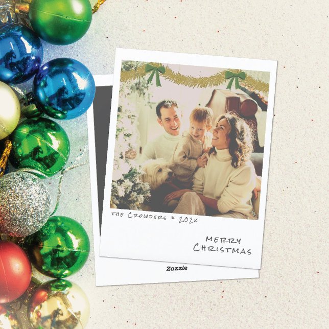 Retro Christmas Photo Card - Gold & Green Garland (Creator Uploaded)