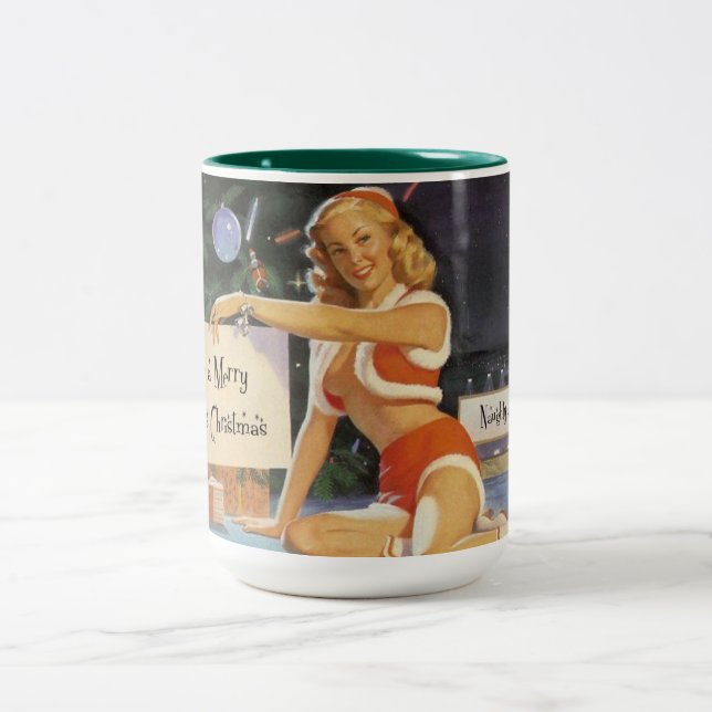 Retro Christmas Pin Up Two-Tone Coffee Mug (Center)