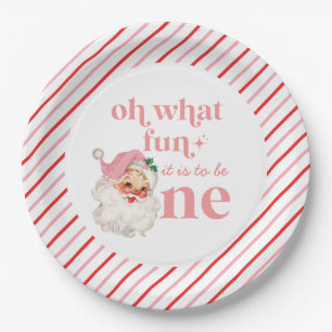 Retro Christmas pink Santa First Birthday Paper Plate