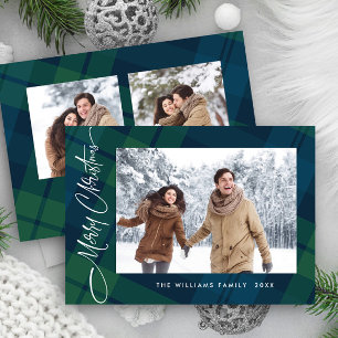 Retro Christmas Plaid 3 Photo Greeting Holiday Card