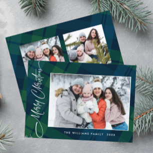 Retro Christmas Plaid 3 Photo Greeting Holiday Card