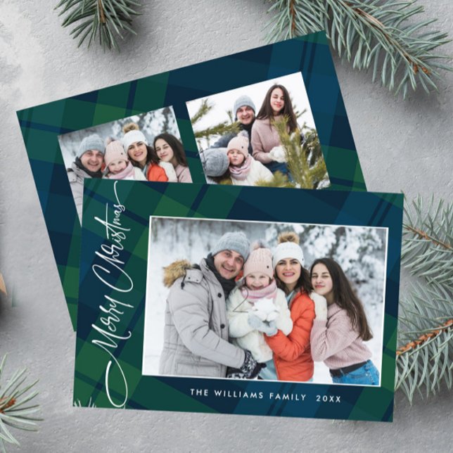 Retro Christmas Plaid 3 Photo Greeting Holiday Card (Creator Uploaded)