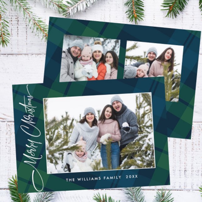 Retro Christmas Plaid 3 Photo Greeting Holiday Card (Creator Uploaded)