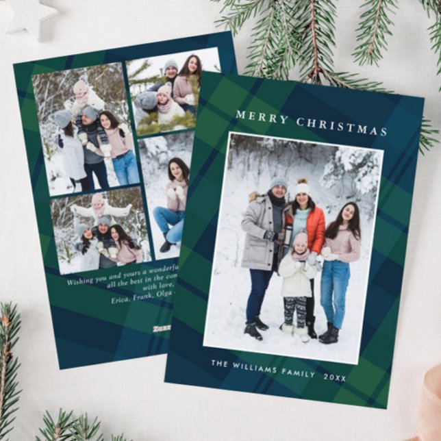 Retro Christmas Plaid 5 Photo Greeting Holiday Card (Creator Uploaded)