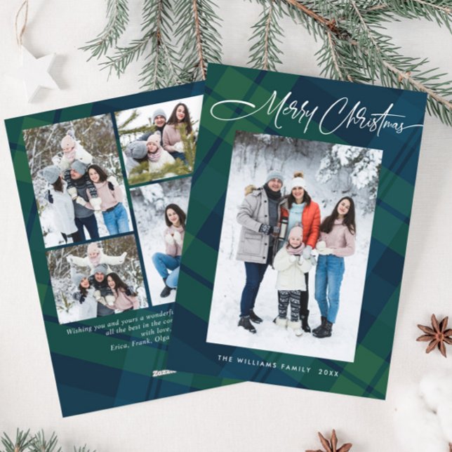 Retro Christmas Plaid 5 Photo Greeting Holiday Card (Creator Uploaded)