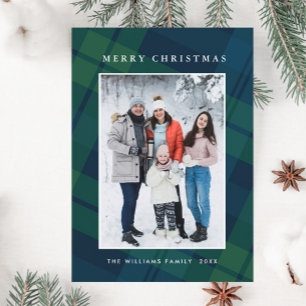 Retro Christmas Plaid One Photo Greeting Holiday Card