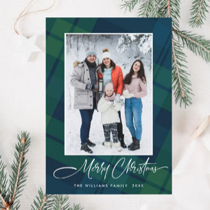 Retro Christmas Plaid One Photo Greeting Holiday Card