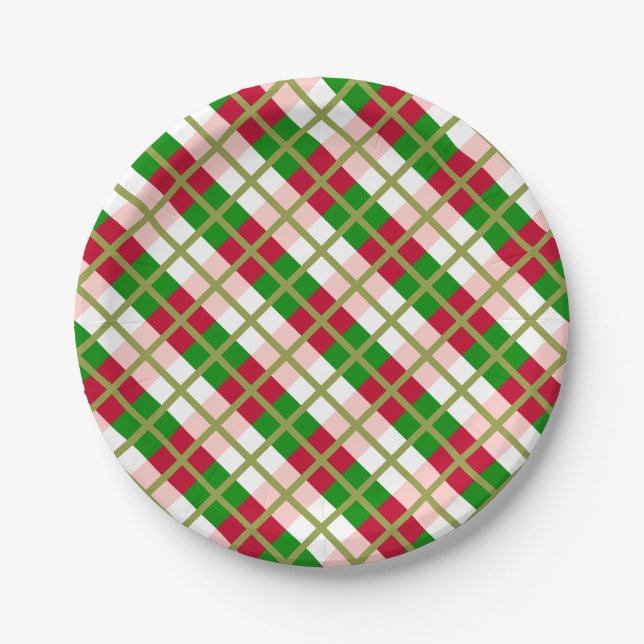 Retro Christmas Plaid Pattern Paper Plate (Front)
