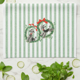 Retro Christmas Poodles green and white stripe Tea Towel