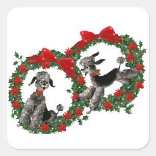 Retro Christmas Poodles in Wreaths Square Sticker