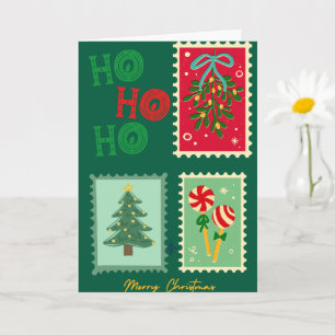 Retro Christmas Postage Card – Mistletoe, Tree & P