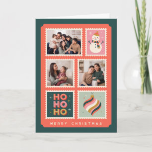 Retro Christmas Postage Stamp Border Photo Collage Holiday Card