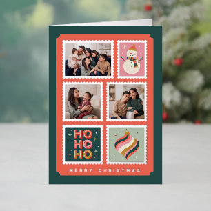 Retro Christmas Postage Stamp Photo Collage Foil Holiday Card