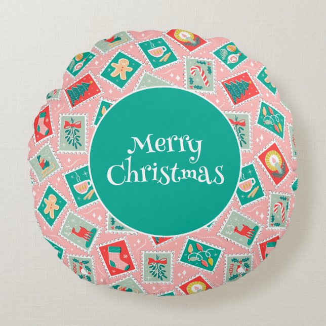 Retro Christmas Postage Stamps Round Cushion (Front)