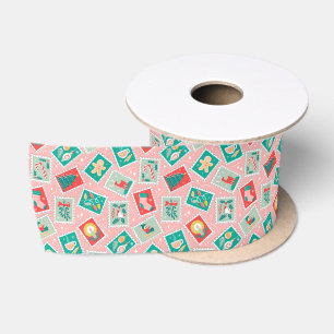 Retro Christmas Postage Stamps Satin Ribbon