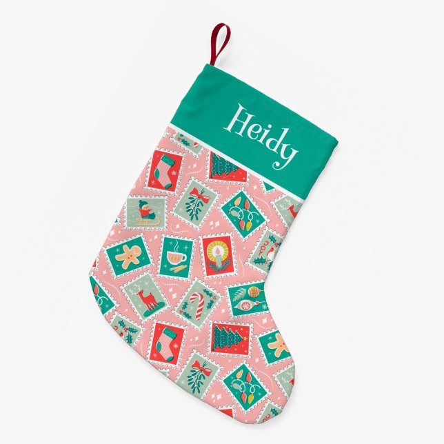 Retro Christmas Postage Stamps Small Christmas Stocking (Front (Hanging))