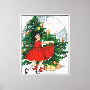 Retro Christmas Postcard, Child and Christmas Tree Canvas Print