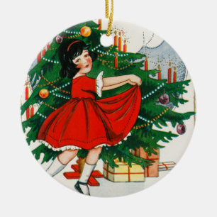 Retro Christmas Postcard, Child and Christmas Tree Ceramic Tree Decoration